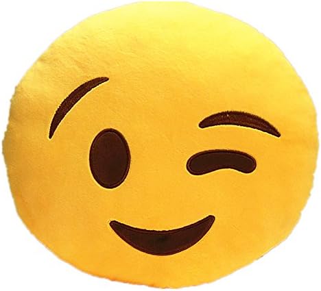 LI&HI 32cm Emoji Smiley Emoticon Yellow Round Cushion Pillow Stuffed Plush Soft Toy-Independent Vacuum Packing (Wink)