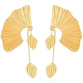Bohemia Statement Leaf Stud Earrings for Women Retro Leaf Fan Shape Leaf Earrings Fashion Chunky Gold Plant Earring Bohemian Flower Earring Vacation Jewelry Gift