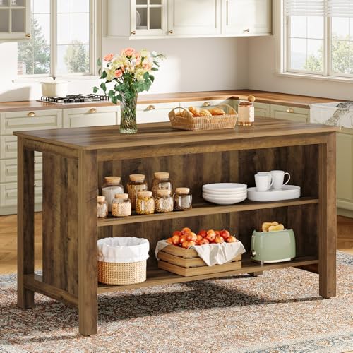 Tribesigns Kitchen Island with Seating and Storage, 59-Inch Large Farmhouse Stationary Island Table for Kitchen, 3-Tier Counter Height Coffee Bar Tables for Dining Room, Rustic Brown