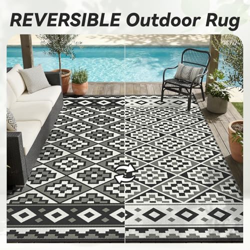 Outdoor Rug-Patio Rug 9X12 Outdoor Carpet Waterproof Reversible Outdoor Rugs Portable RV Mat Plastic Straw Mat for Patio Balcony RV Camping Backyard Picnic