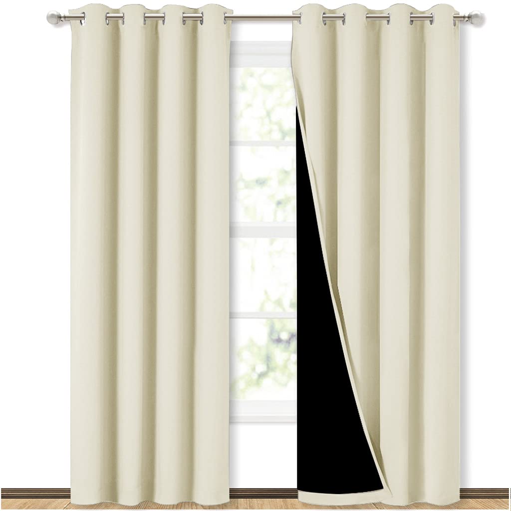 Photo 1 of NICETOWN Living Room Completely Shaded Draperies, Privacy Protection & Noise Reducing Ring Top Drapes, Black Lined Insulated Window Treatment Curtain Panels (Beige, 2 Pieces, W52 x L84)