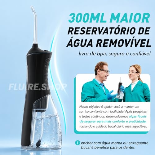 Irrigador Oral & Bucal Portátil Recarregável -Tanque 300ml - Limpeza Profunda com 4 Níveis de Pressão, 4 Ponteiras, À Prova d’Água - Jato Dental Ideal para Aparelhos Ortodônticos, Implantes e Gengivas