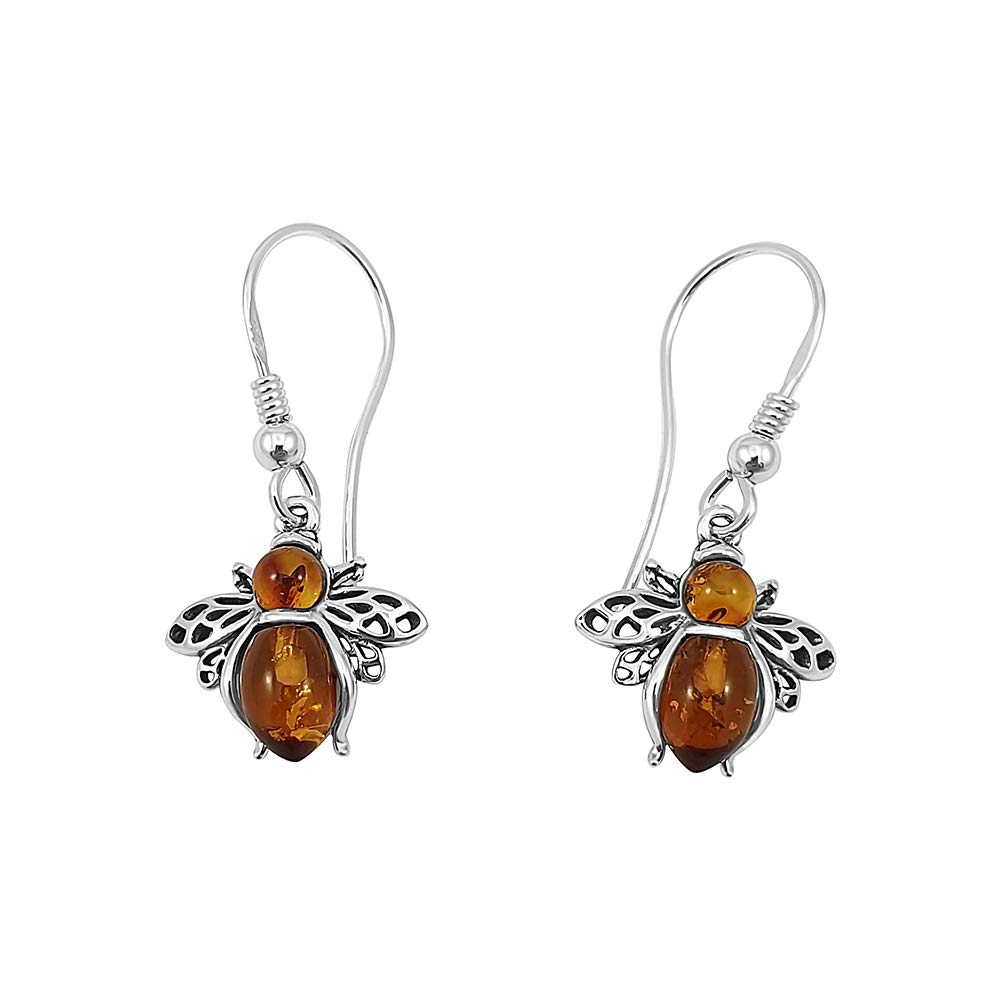 Kiara Jewellery 925 Sterling Silver Flying Bee Fishhook Earrings Inset With Brown Baltic Amber.