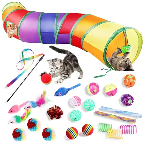SORALEK Kit de 24 Juguetes para Gato, Incluye Tunel para Gato de 120cm, Palo Guía, Pelotas, Ratones y Mas, Juguetes para Gatos Interactivos