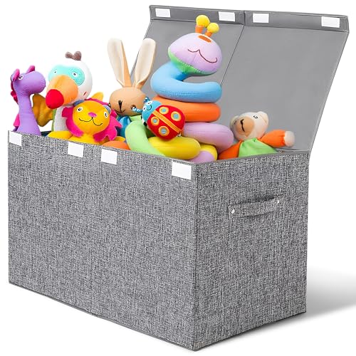 AMROAH 63x33x40cm Large Toy Box with Lid & Handle, Toy Storage Box Bins Collapsible Sturdy Organizer for Kids Girls Boys Nursery Baby Playroom Bathroom Living Room