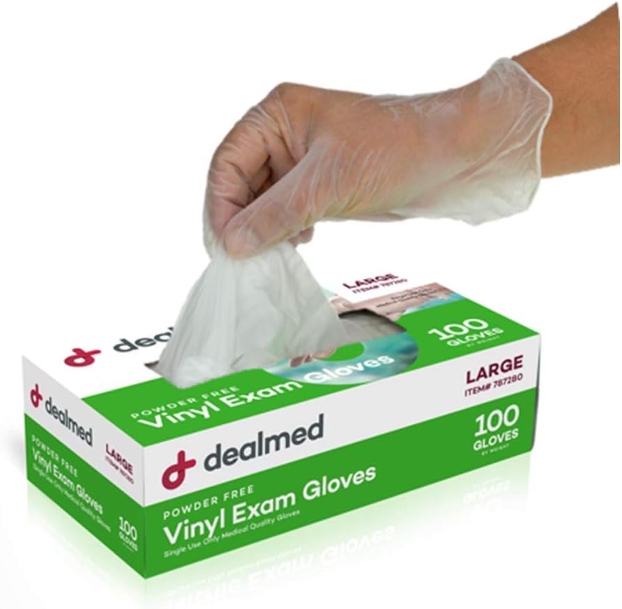 DealmedVinyl Exam Gloves – Disposable Non-Irritating Medical Gloves, Latex Free, First Aid Kits and Medical Facilities, 100 Count (Large Pack of 1)