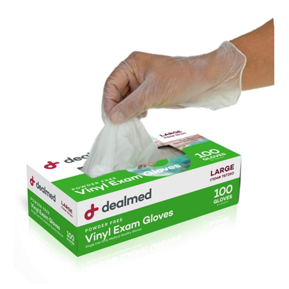 DealmedVinyl Exam Gloves – Disposable Non-Irritating Medical Gloves, Latex Free, First Aid Kits and Medical Facilities, 100 Count (Large Pack of 1)