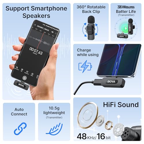 BOYA BY-V10 Wireless Microphones for iPhone 15/16 Series, Android/Laptop with USB-C Port, 100m Range, 9H Battery Life, Noise Reduce Mini Mic Clip on Lapel Microphone for Video Recroding/Youtube/TikTok