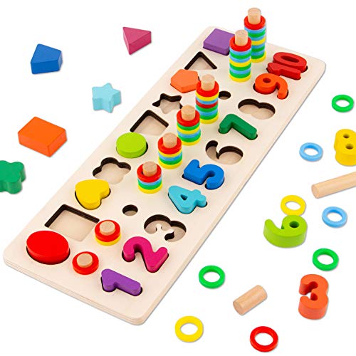 Toy To Enjoy Wooden Number Puzzle with Rings & Shapes - Stacking Montessori Sorting Toy for Early Learning - for Age 3 to 5 Kids & Toddlers - Chunky Jigsaw Pegboard - Number Learning Board Toys - Thumbnail 5