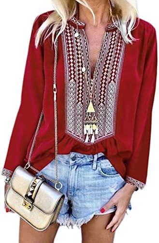 Chase Secret Womens Casual V Neck Shirt Boho Embroidered Print Short/Long Sleeve Tops Loose Blouse (S-XXL)