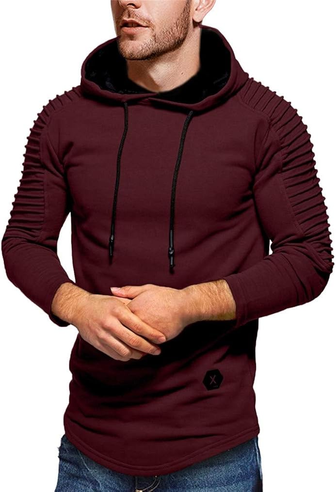 Seazoon Mens Long Sleeve Casual Plain Pullover Drawstring Hoodie Hem Curved Basic Breathable Sweatshirt: Clothing