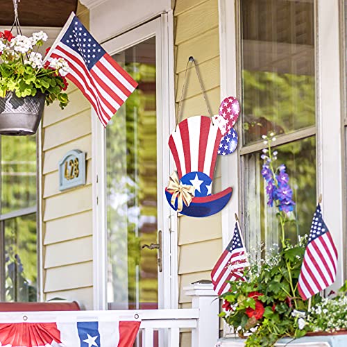 4th of July USA Hanging Wooden Door Sign Uncle Sam Patriotic Hat Wall Decor Hanging Wreath Sign Welcome Sign Perfect For Independence Day Memorial Day Patriotic Decoration Farmhouse,Porch,Garden,Front Door（11.8 X 11.8 inch)