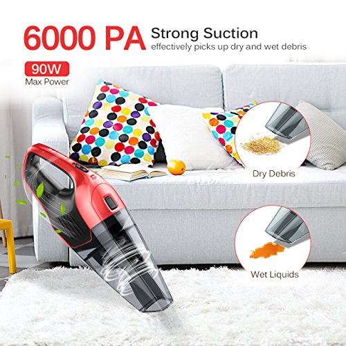HoLife Handheld Vacuum Cordless, Hand Vacuum Cleaner Rechargeable Hand Vac Cordless Car Vacuum 14.8V 100W Lightweight Portable Vacuum Wet Dry for Home Pet Hair and Car Cleaning, 2 Filters, Red