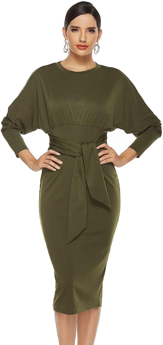 Zuhaoguo Women's Long Sleeve Round Neck Wrap Dress Long Sleeve Waist Tie Dress at Amazon Womenâs 