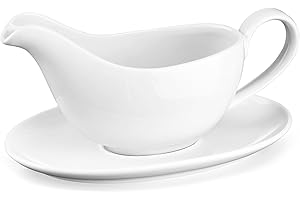 Yedio 18 oz Gravy Boat with Saucer, Large White Ceramic Gravy Boat for Thanksgiving Christmas, Boat and Tray for Turkey Beef 