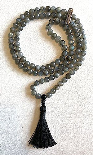 Labradorite Mala Beads 8mm High Grade Tassel mala Necklace | Fifth Chakra | Throat Chakra | Communication Self Expression Creativity in Writing Public Speaking | W/free velvet mala pouch | US Seller