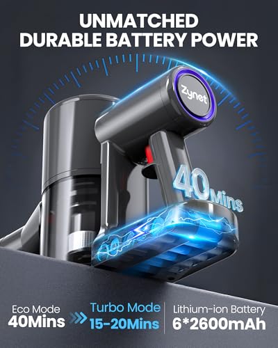 Zynet Cordless Vacuum Cleaner, 500W/45KPA/40Mins Lightweight Stick Vacuum for Home, LED Display and Green Headlights, 6-Stages Filtration, Self-Standing Vacuum for Hard Floor, Carpet
