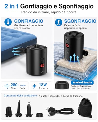Lytool Pompa Elettrica 5200mAh con Display Digitale, 4 KPa Portatile Rapida 280L/min con 3 Ugelli e Anello per Piscina, Vacuum, Campeggio e Materasso Gonfiabile