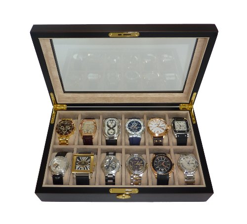 UPC 877789003047, 12 Piece Ebony Wood Watch Display Case and Storage Organizer Box