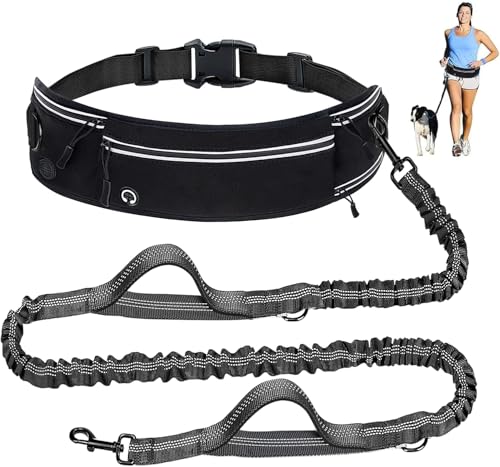 YOOJ® Waist Dog Hands Free Dogs Leash, Waist Running Leash with Zipper, Walking Pouch for Dog Walking, Reflective Dual Padded Handles Bungee Retractable Running for Medium to Large Dogs (Black)