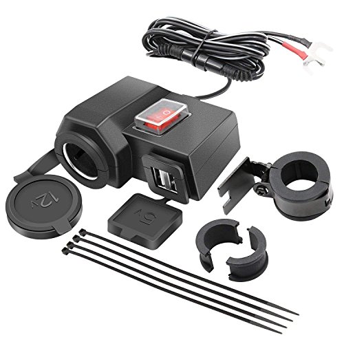 Aileap Motorcycle Cigarette Lighter Female Socket Power Outlet with Dual USB Ports 5V 2.1A Charger Adapter and Waterproof Power Switch