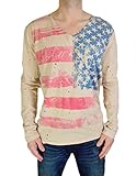 Rockstar Sushi Men's Shirt Distressed American Flag V-Neck Long Sleeve Tee, Beige, Large