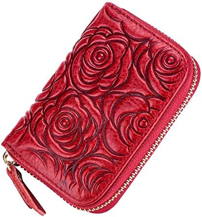 Credit Card Organizer Wallet-Welegant RFID Blocking Genuine Leather Zipper Wallet Purse Case for Women Ladies Teen Girls (Rose Flower, Wine Red)