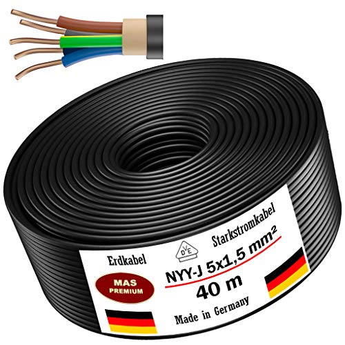 Erdkabel Stromkabel von 5m bis 100m NYY-J 5x1,5 mm² Elektrokabel Ring zur Verlegung im Freien, Erdreich (40m)