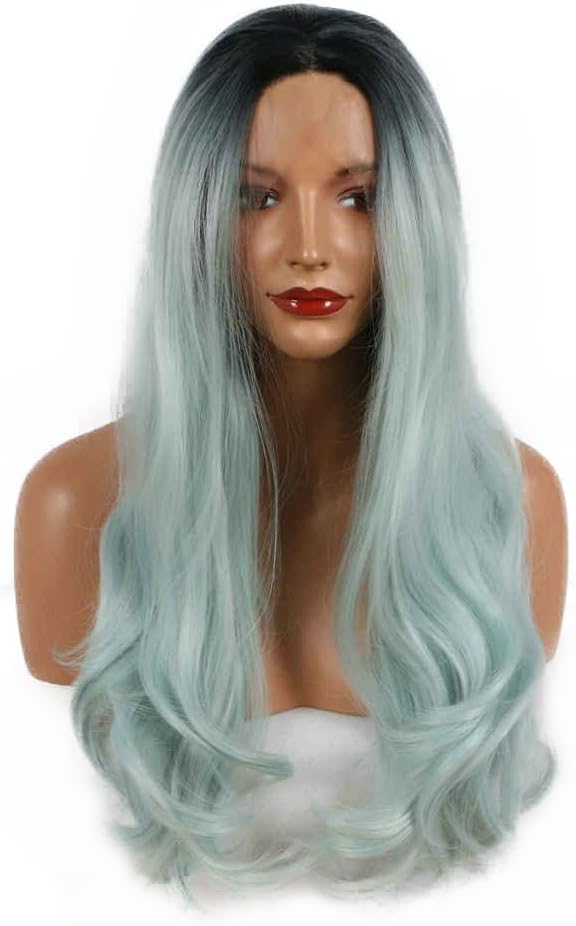 Pre Plucked Hairline Long Wig Body Wave Heat Resistant Fiber Natural Colors Synthetic Lace Front Wigs for Women Natural Looking Replacement Wig Daily Cosplay Party Drag Queen 24" (Pastel Blue Ombre)