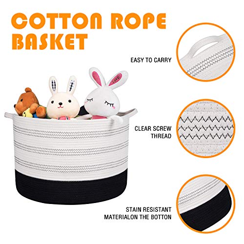 R RUNKA XXXLarge Cotton Rope Basket 22" X 22"X 14" Blanket Basket for Living Room Woven Basket Soft Baby Laundry Blanket Basket Nursery Bin Toy Basket with Handle White+Black