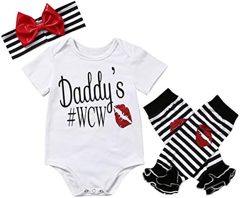 Newborn Baby Kids Letters Print Romper Tops+Sequins Headband+Leg Warmers 3Pcs Infant Outfits Set (12-18M, Daddy's #WCW)