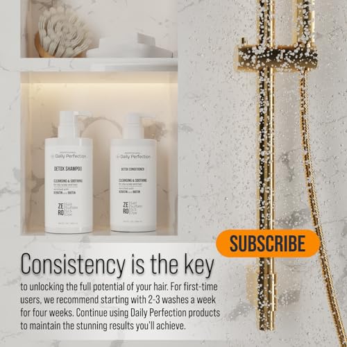 DAILY PERFECTION DETOX SHAMPOO TO REMOVE BUILD-UP, OIL, AND DIRT. SALON-GRADE FORMULA WITH BIOTIN AND KERATIN, SALT-FREE, SULFATE-FREE, AND PARABEN-FREE FOR CLEAN, REFRESHED HAIR.