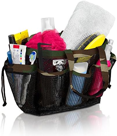 Simply Things Heavy Duty Mesh Shower Bag Caddy and Tote with 9 Storage Compartments and 2 Reinforced Handles, This Mesh Shower Bag is Quick Drying for Dorm, Gym, Camping, or Travel (camo)