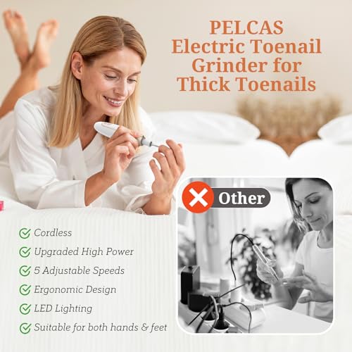 PELCAS Electric Nail Sander 45000RPM, Cordless Nail File with 5 Speed, LED Light, Manicure Pedicure Kit for Thickened, Gel, Acrylic and Natural Nails