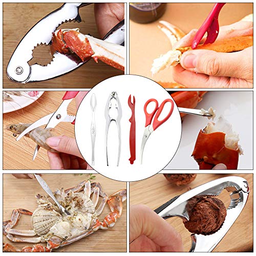 Professional Seafood Tools Picks Set Crackers Tools, 2 Nut Crackers + 1 Scissor + 6 Red Picks + 5 Stainless Steel Forks Kitchen Easy-opener Picnic Tools for Lobster, Crab Claws and Other Crustaceans