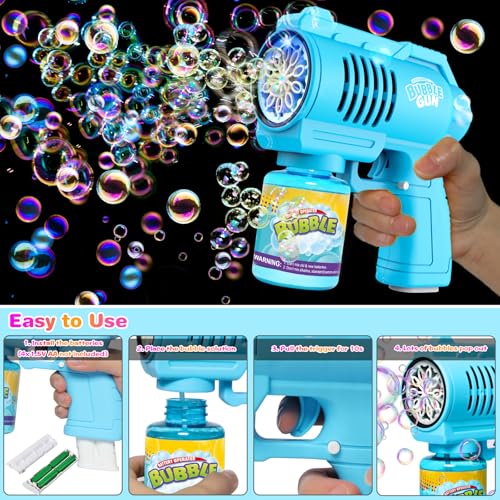 BUBOJOY Bubble Gun for Kids, Automatic Bubble Machine 10000+ Bubbles/Min with Solution, Silent Bubble Blower with Lights for Outdoor Parties Wedding- Blue