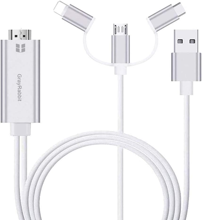 3 in 1 HDMI Cable Adapter,GrayRabbit 1080P USB/Type-C to HDMI Adapter Mirror Mobile Phone Screen to TV/Projector/Monitor Compatible with Phone 11/X/S8/9/Note/8/9 and More Android Devices (Silver)