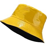 yolrdiw Unisex Fashion PU Leather Bucket Hat Glossy Reversible Rain Waterproof Fishmen Cap