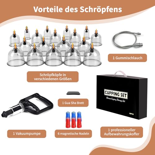 Cupping Glasses with Vacuum Pump & Therapy Magnets + Fascia Scraper, Cupping (18 Pieces) Against Tension & Cellulite and Lymphatic Drainage, High-Quality Cupping Glass Set for Face and Body