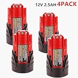 4Pack 12V 2500mAh Lithium-ion Replacement Battery for Milwaukee M12 Milwaukee 48-11-2411 12-Volt Cordless Milwaukee Tools Milwaukee 12V Battery Lithium-ion