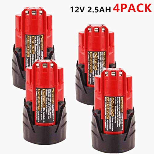 4Pack 12V 2500mAh Lithium-ion Replacement Battery for Milwaukee M12 Milwaukee 48-11-2411 12-Volt Cordless Milwaukee Tools Milwaukee 12V Battery Lithium-ion