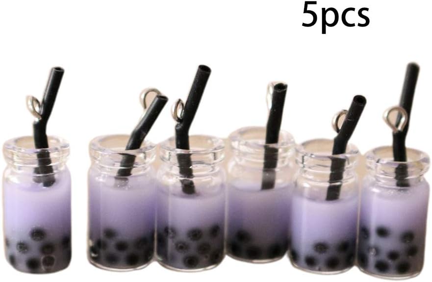 ballboU-5Pcs 3D Miniature Kawaii Pearl Milk Tea Cup Pendants Resin Figurine Charms for DIY Jewelry Craft Earring Keychain Accessories