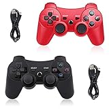 CHENGDAO PS3 Controller Wireless 2 Pack Double Shock Gamepad for Playstation 3 Remote,Sixaxis Wireless PS3 Controller with Charging Cable (Red + Black)