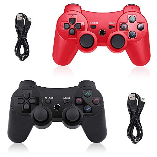 CHENGDAO PS3 Controller Wireless 2 Pack Double Shock Gamepad for Playstation 3 Remote,Sixaxis Wireless PS3 Controller with Charging Cable (Red + Black)
