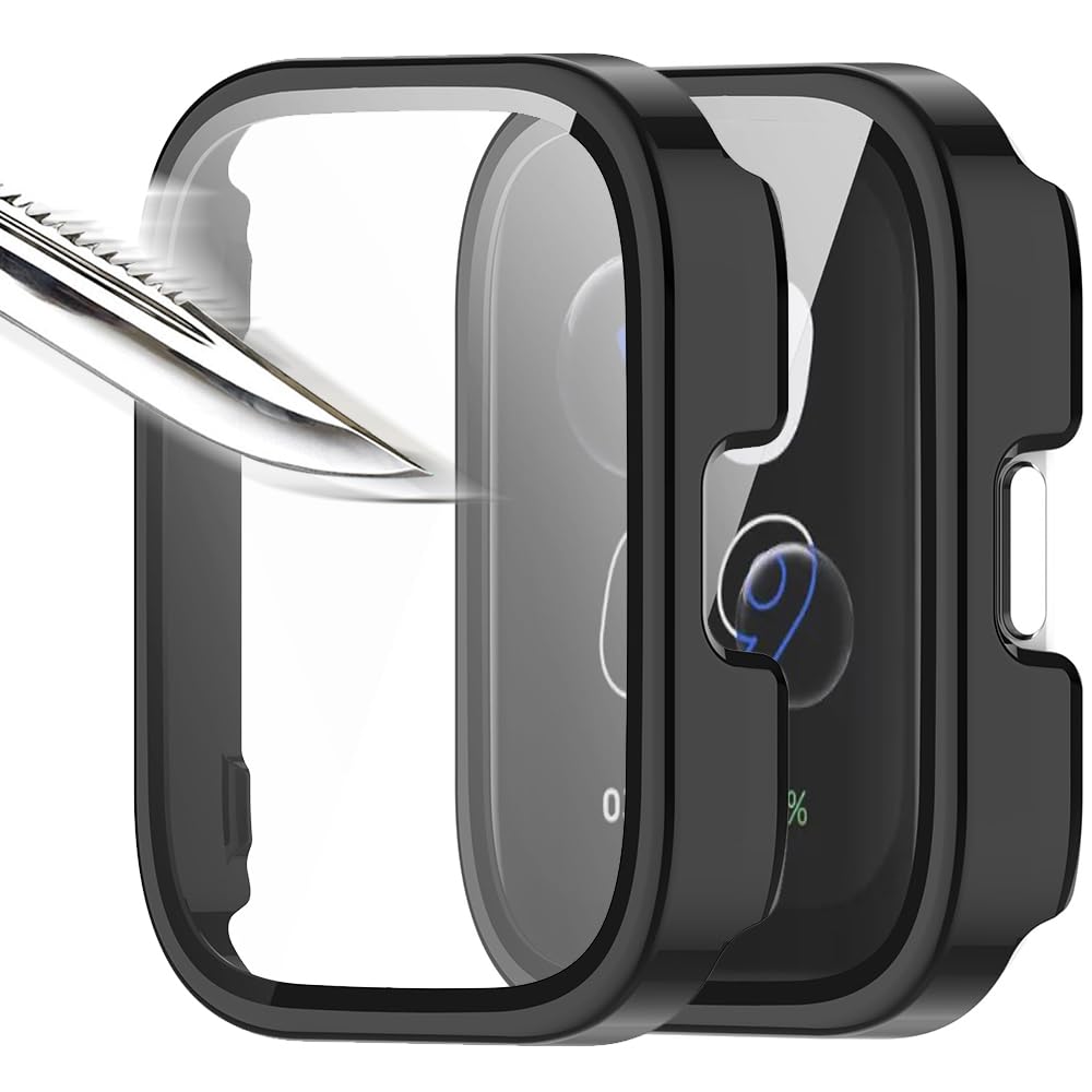 Msiall [2 Pieces Black with Tempered Glass Screen Protector for Amazfit Bip 5 Unity, 9H Hardness PC Case, Bumper, Slim Complete Protective Case for Smart Amazfit Bip 5 Unity