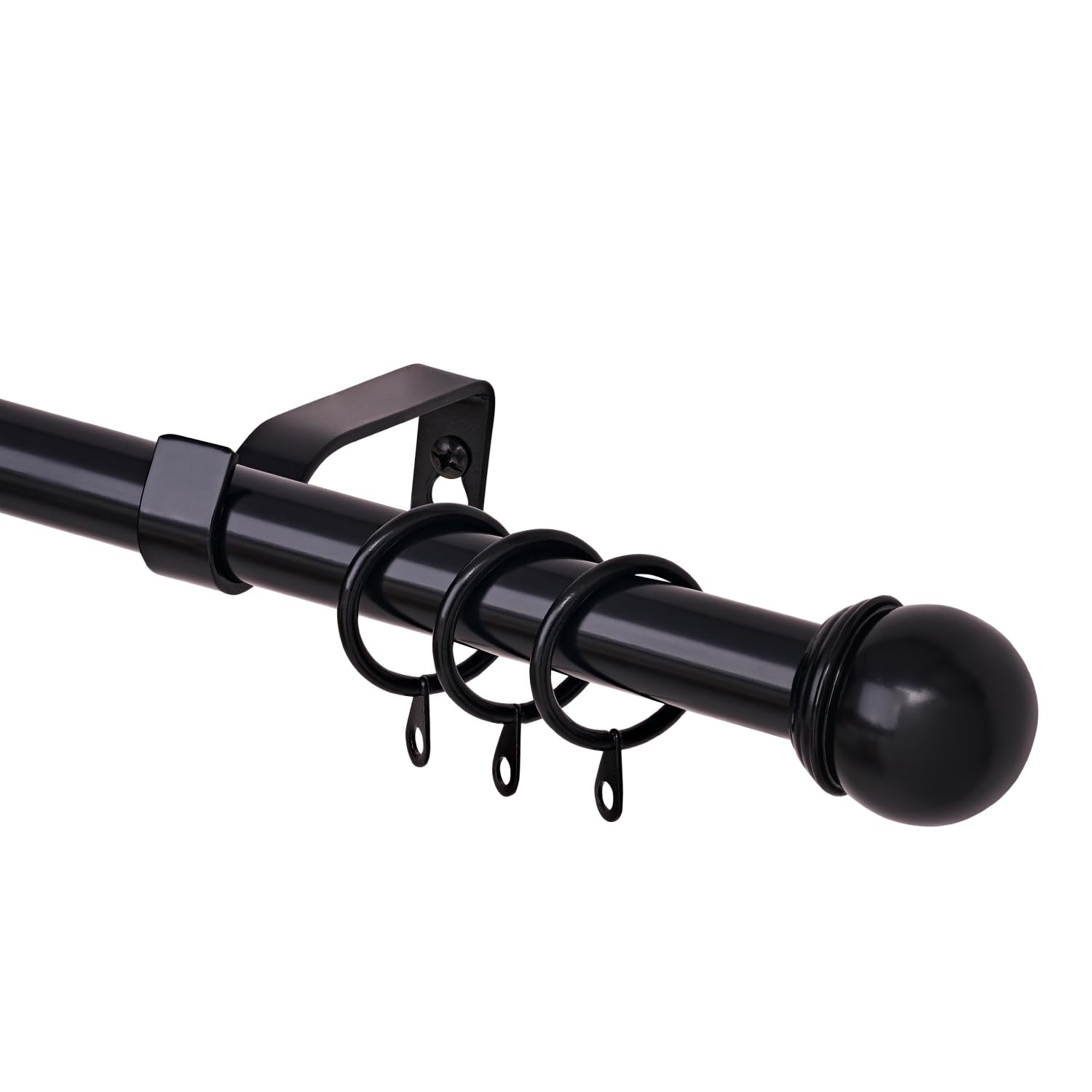WL.Rocaille Curtain Pole Plain Metal Ball Extendable Curtain Pole 16/19mm Diamete/Adjustable Length from 160-300cm Single Curtain Rod Set (Black, 160-300cm, 66-120inch)