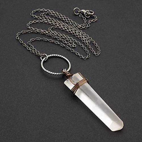 Raw clear crystal quartz point gemstone mixed metal pendant necklace 23 in