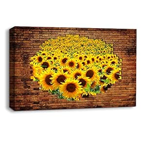 Canvas Wall Art Sunflowers View Shot Through Bricks Painting Artwork for Home Prints Framed - 12x18 inches