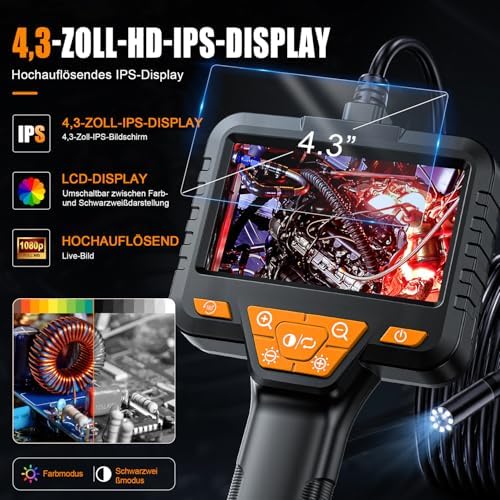 Endoskopkamera mit Licht, SKYBASIC Industrie Endoskop, 4.3-Zoll-IPS- Bildschirm Inspektionskamera,IP67 Wasserdichtes,1080P HD Rohrkamera mit 8 Einstellbaren LEDs -16.5FT/5M Halbstarres Kabel