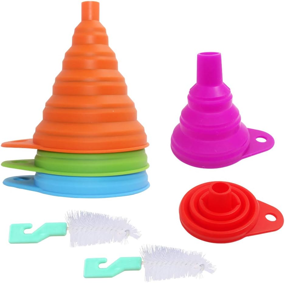 5 Packs Collapsible Funnel,YuCool Foldable Silicone Kitchen Funnel with Silicone Brush for Liquid,Dry Powder Transfer-5 Colors(3Large+2Small)